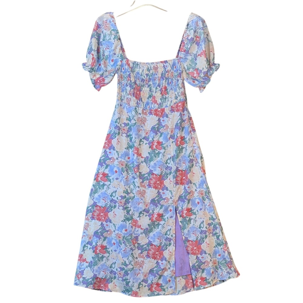 ASTR THE LABEL Cottage Colorful Floral Smocked Puff Sleeve Midi Dress Small - Picture 2 of 7